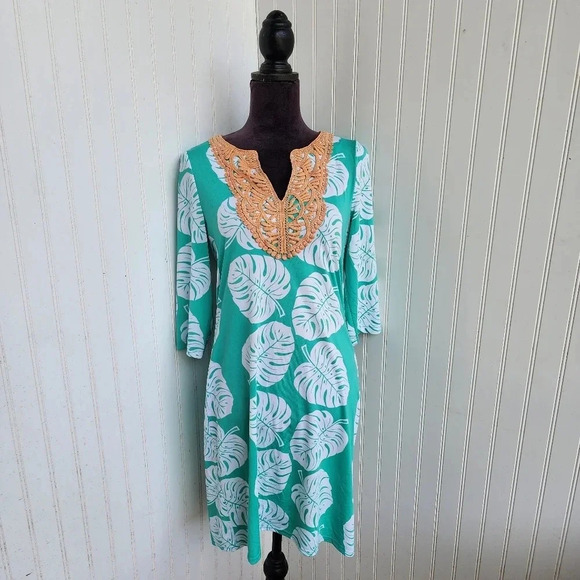 Tracy Negoshian EMILIA Dress Green White Floral Print 3/4 Sleeve Pullover Sz M - Picture 1 of 14